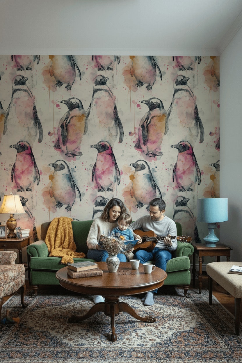 Penguins Wallpaper Watercolor Abstract Removable Wall Decor