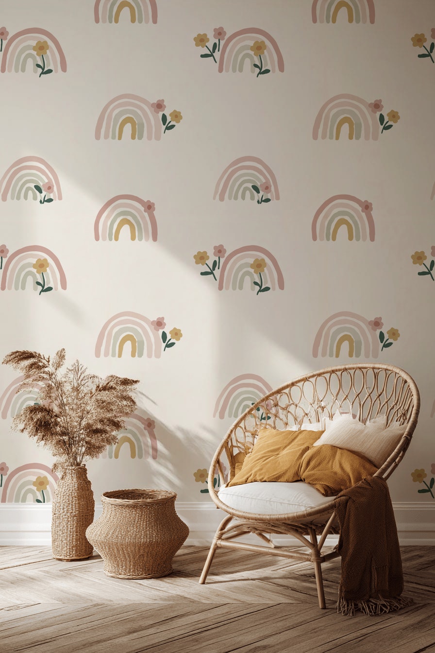 Rainbow Wallpaper Floral Whimsical Decorative Mural