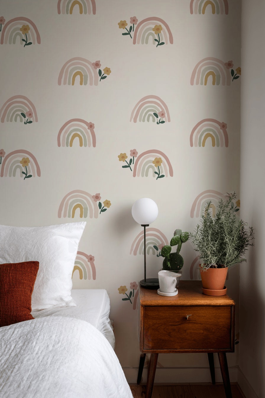 Rainbow Wallpaper Floral Whimsical Decorative Mural