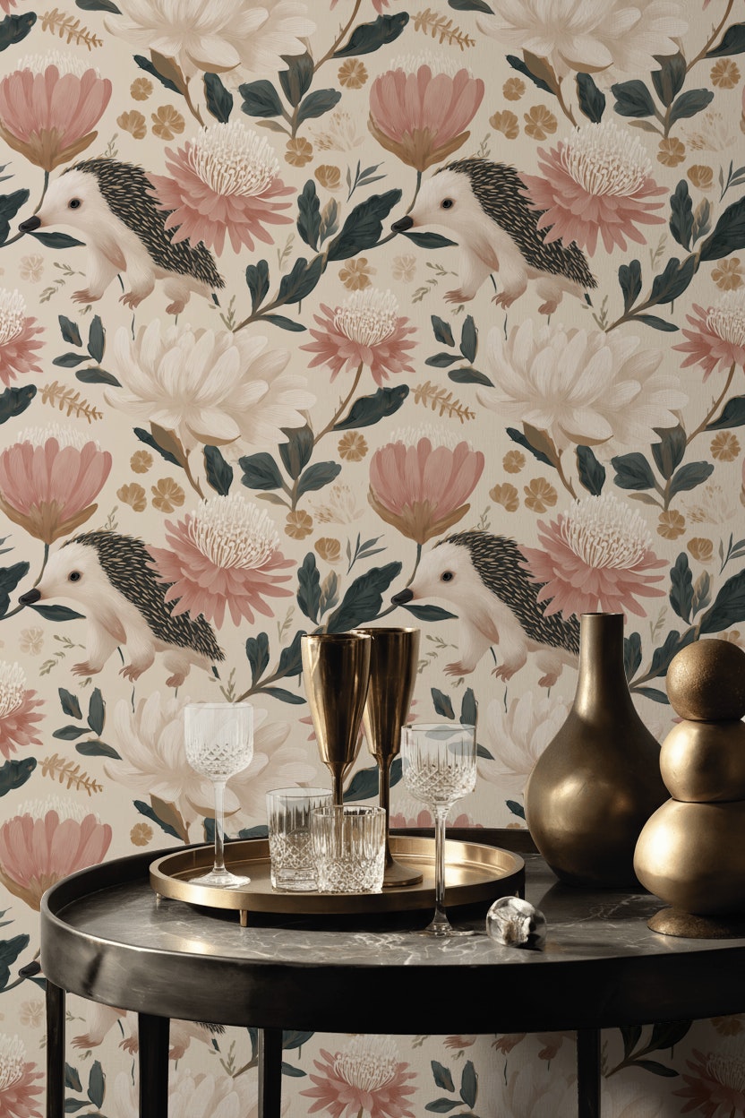 Floral Wallpaper Hedgehog Whimsical Mural