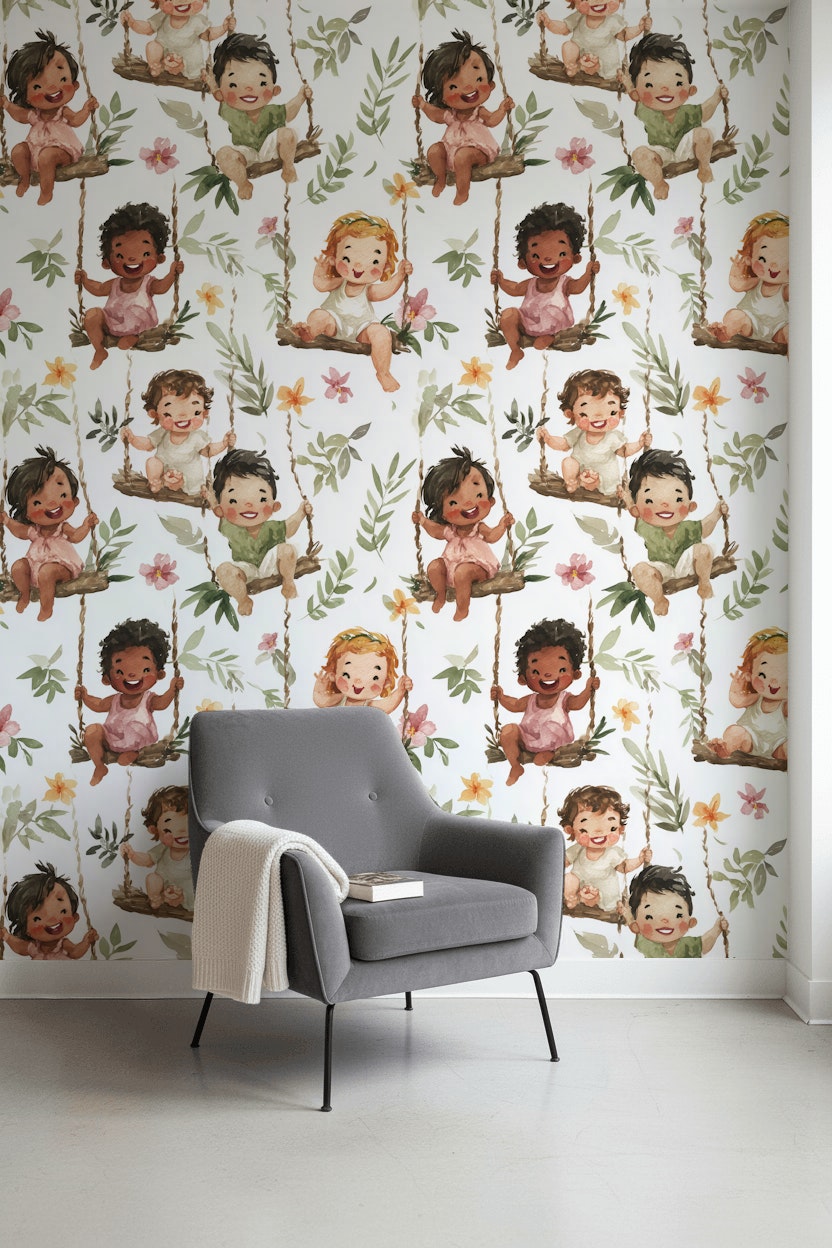 Children Wallpaper Swings Floral Decorative Mural