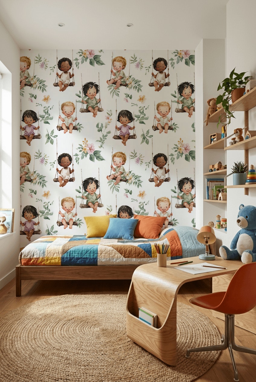 Children Wallpaper Swings Removable Floral Wall Decor