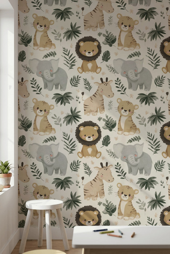 Jungle Animals Wallpaper Cartoon Playful Decorative Mural