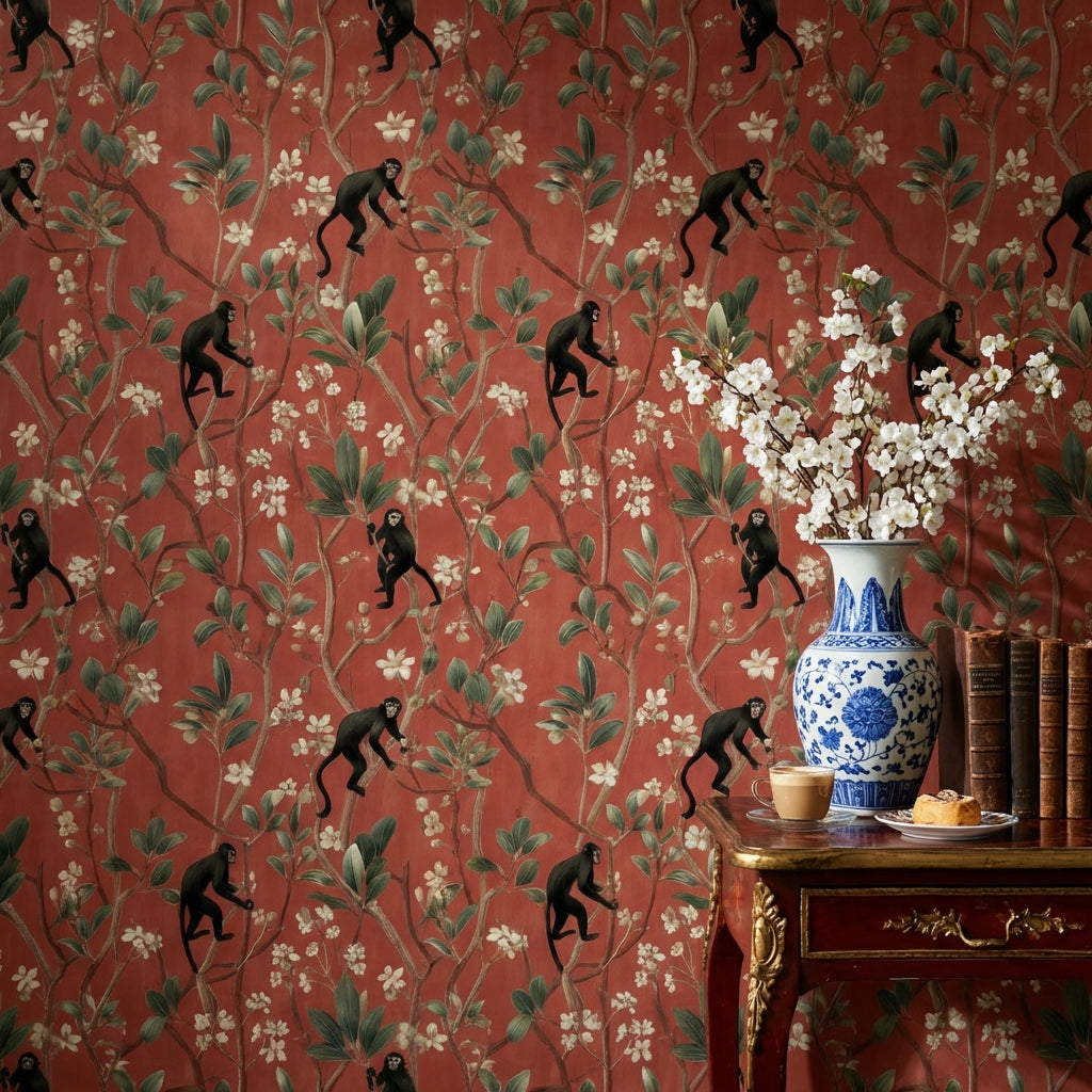 Exotic Monkeys Wallpaper Detailed Floral Decorative Mural