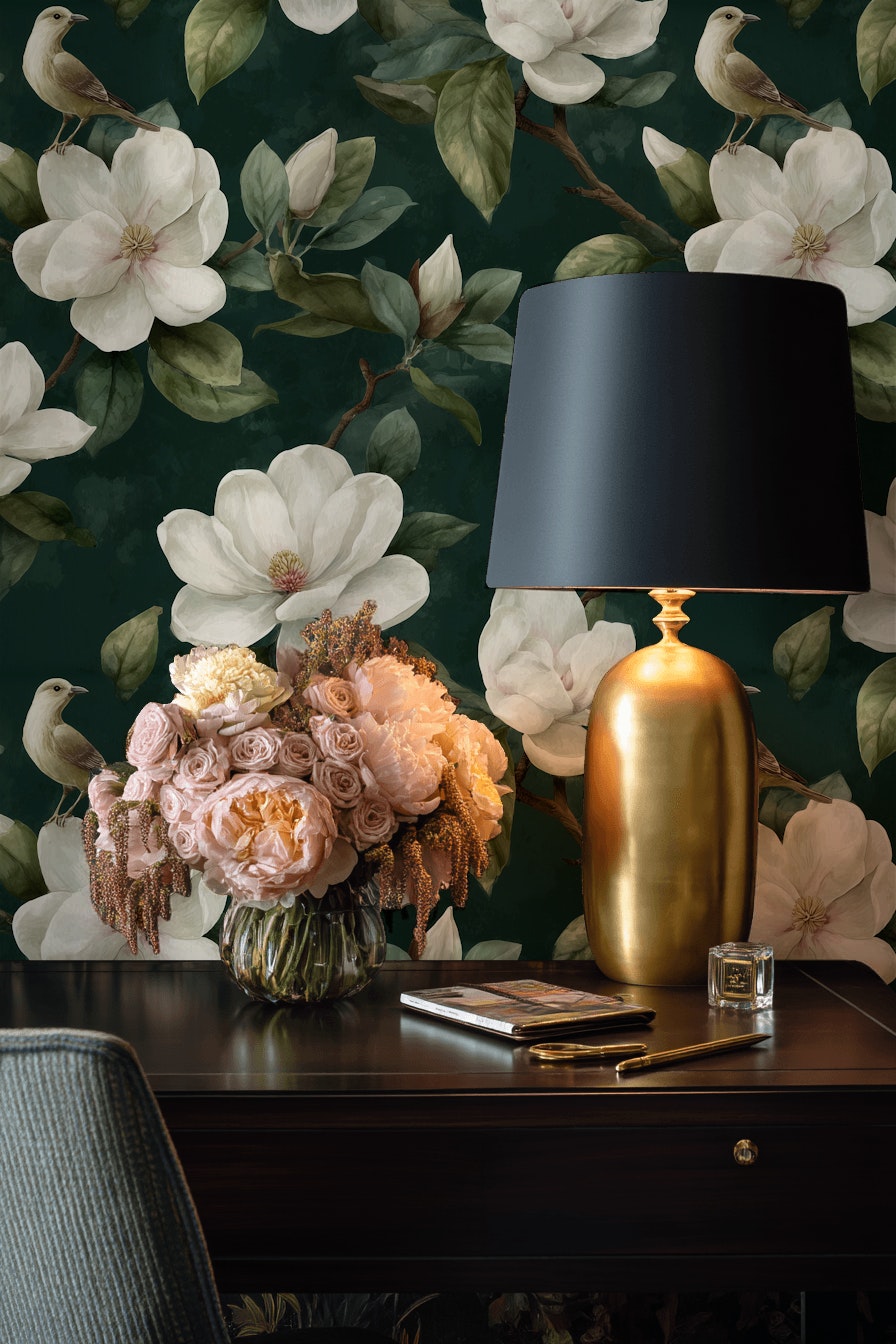 Floral Wallpaper Bird Magnolia Removable Wall Decor