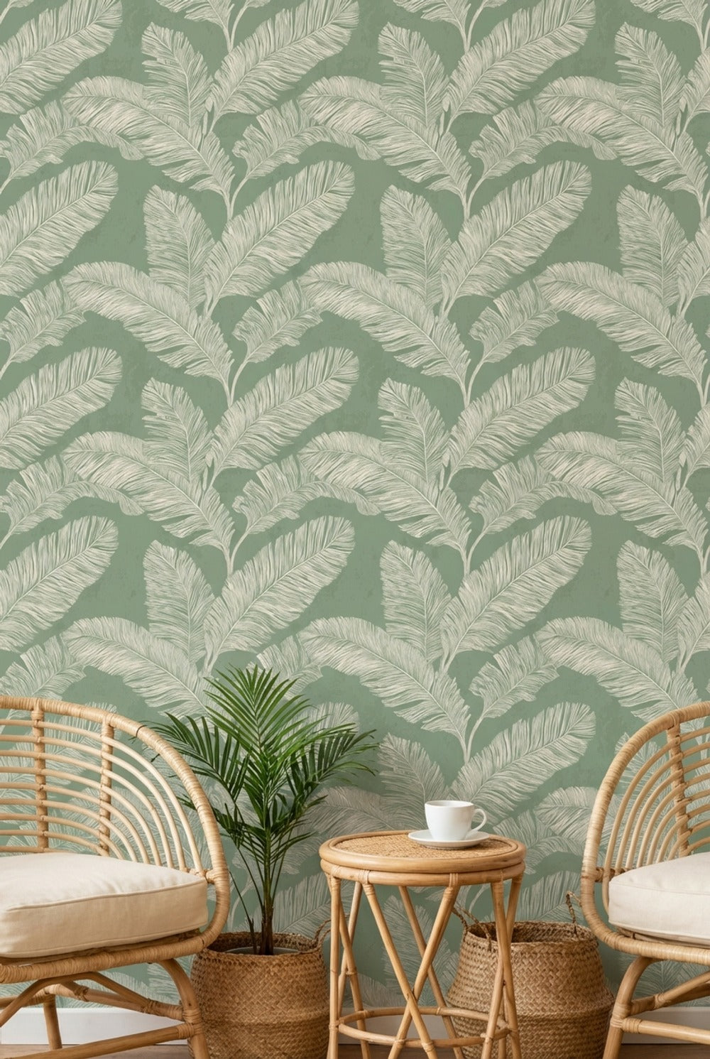 Muted Green Wallpaper Natural Leaf Decorative Mural