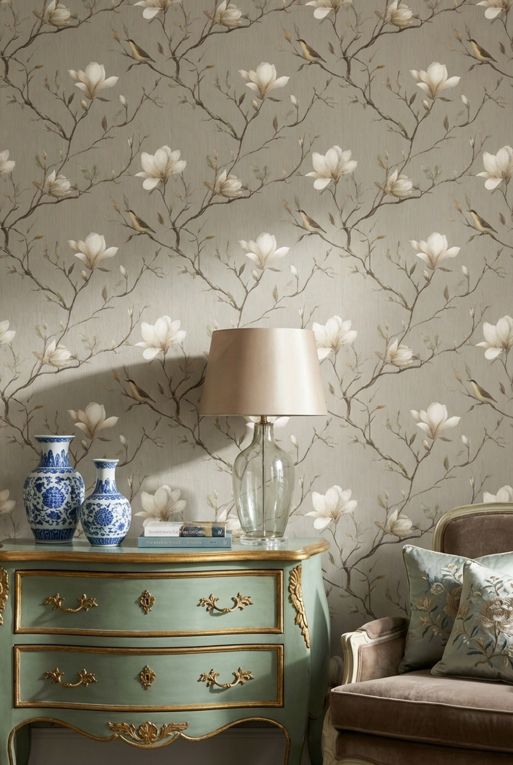 Floral Wallpaper Magnolia Bird Decorative Mural