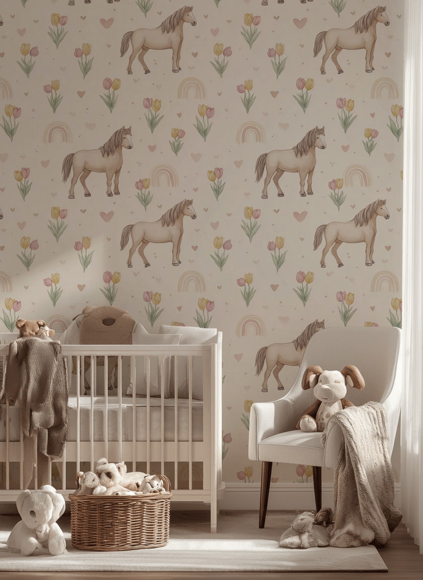 Horses Wallpaper Tulips Hearts Decorative Mural