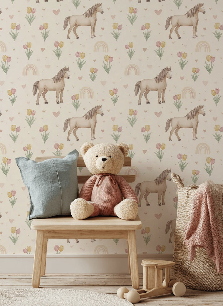 Horses Wallpaper Tulips Hearts Decorative Mural