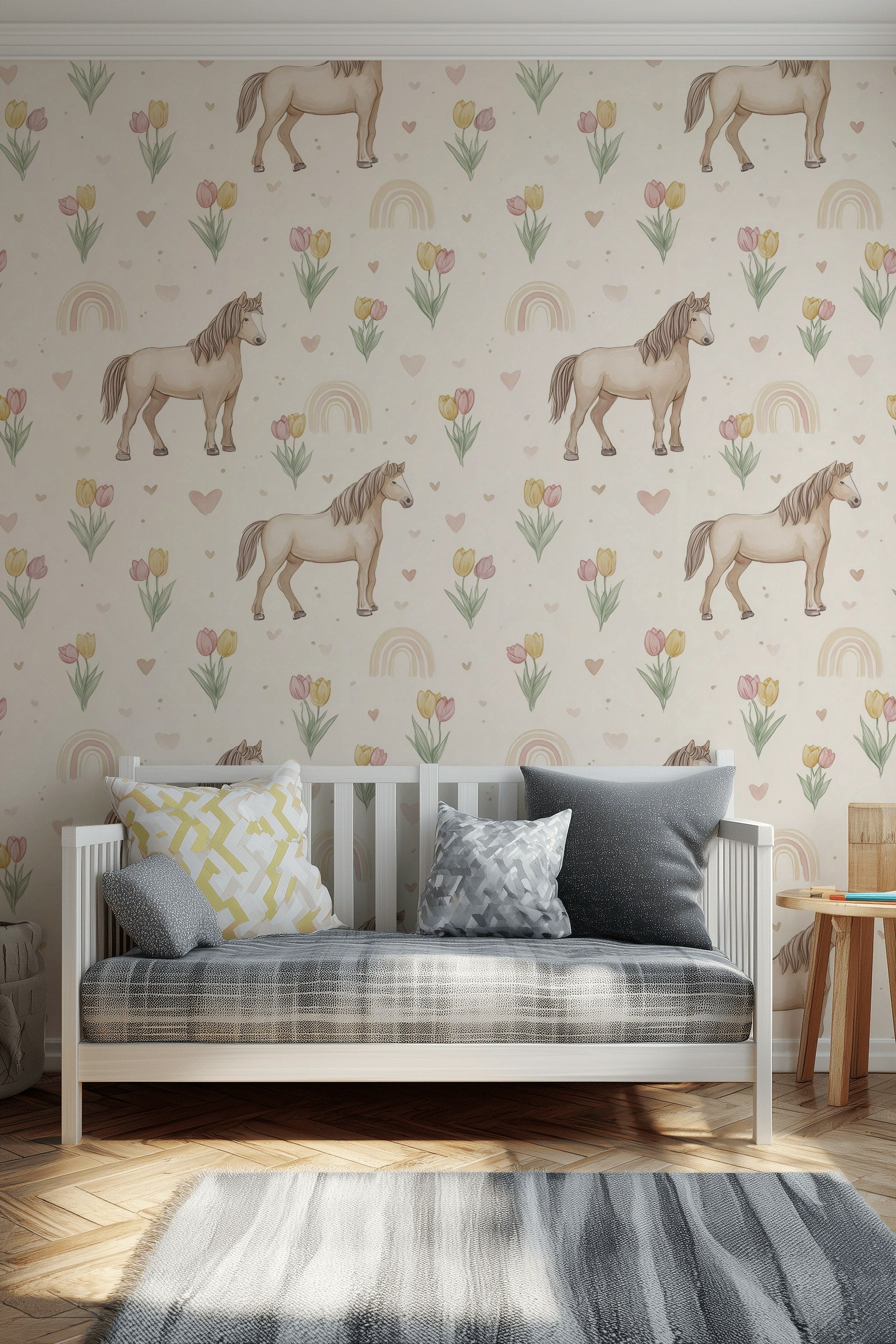 Horses Wallpaper Tulips Hearts Decorative Mural