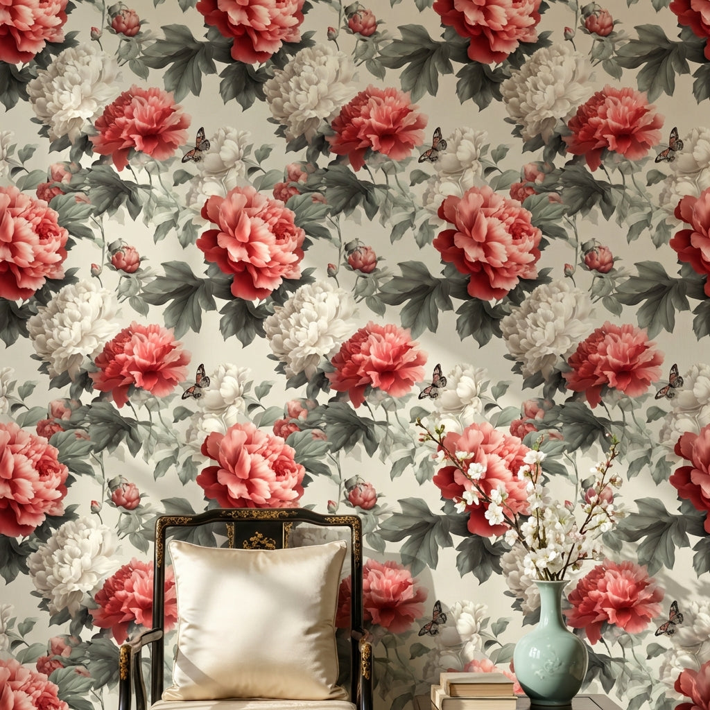 Floral Wallpaper Peonies Butterfly Decorative Mural