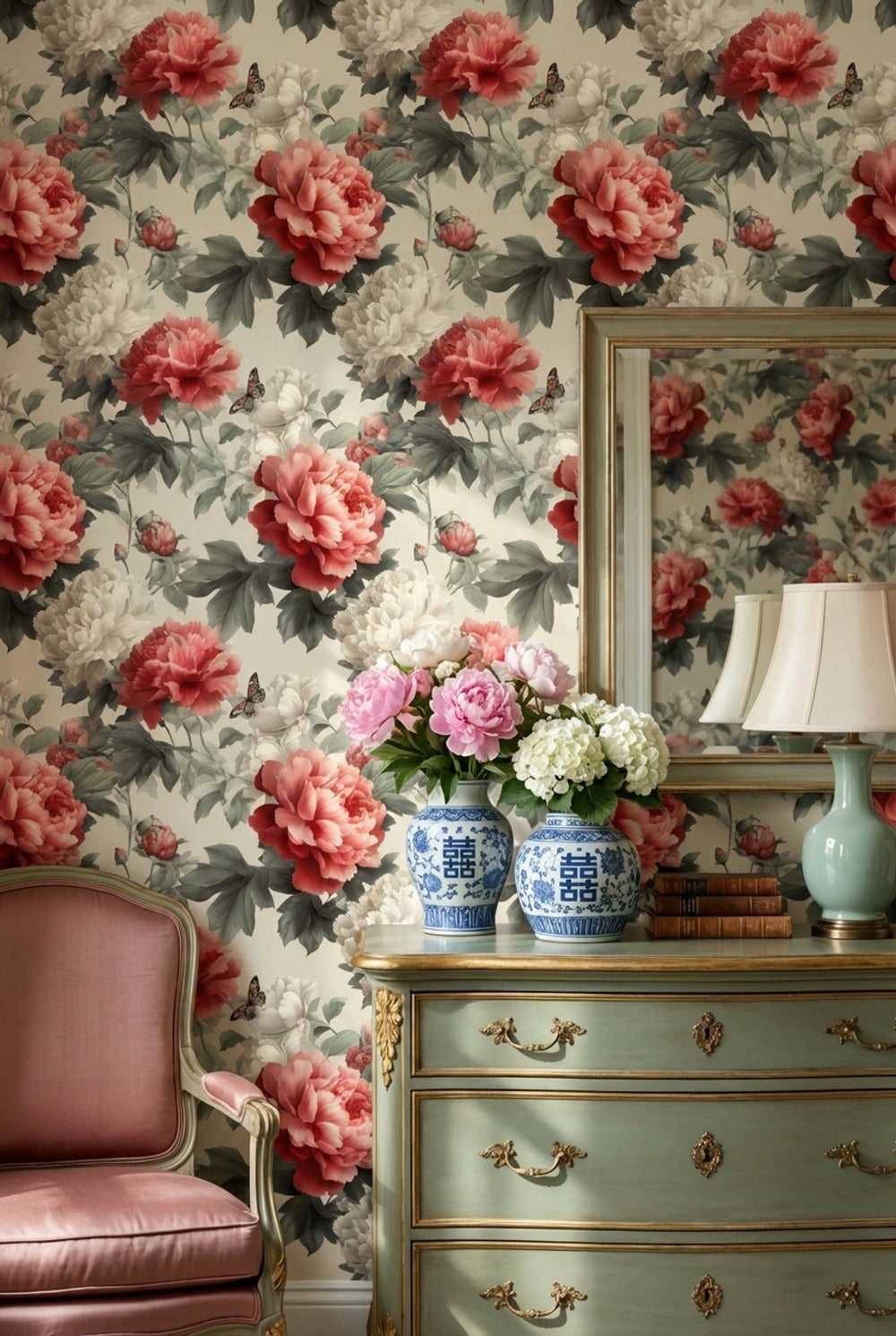 Floral Wallpaper Peonies Butterfly Decorative Mural