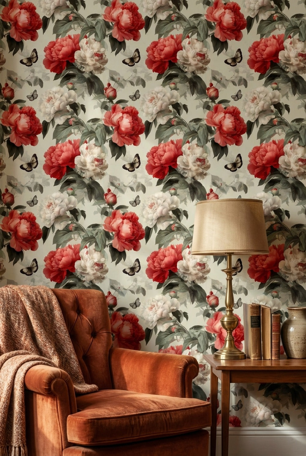 Floral Wallpaper Peonies Removable Butterflies Wall Double Roll