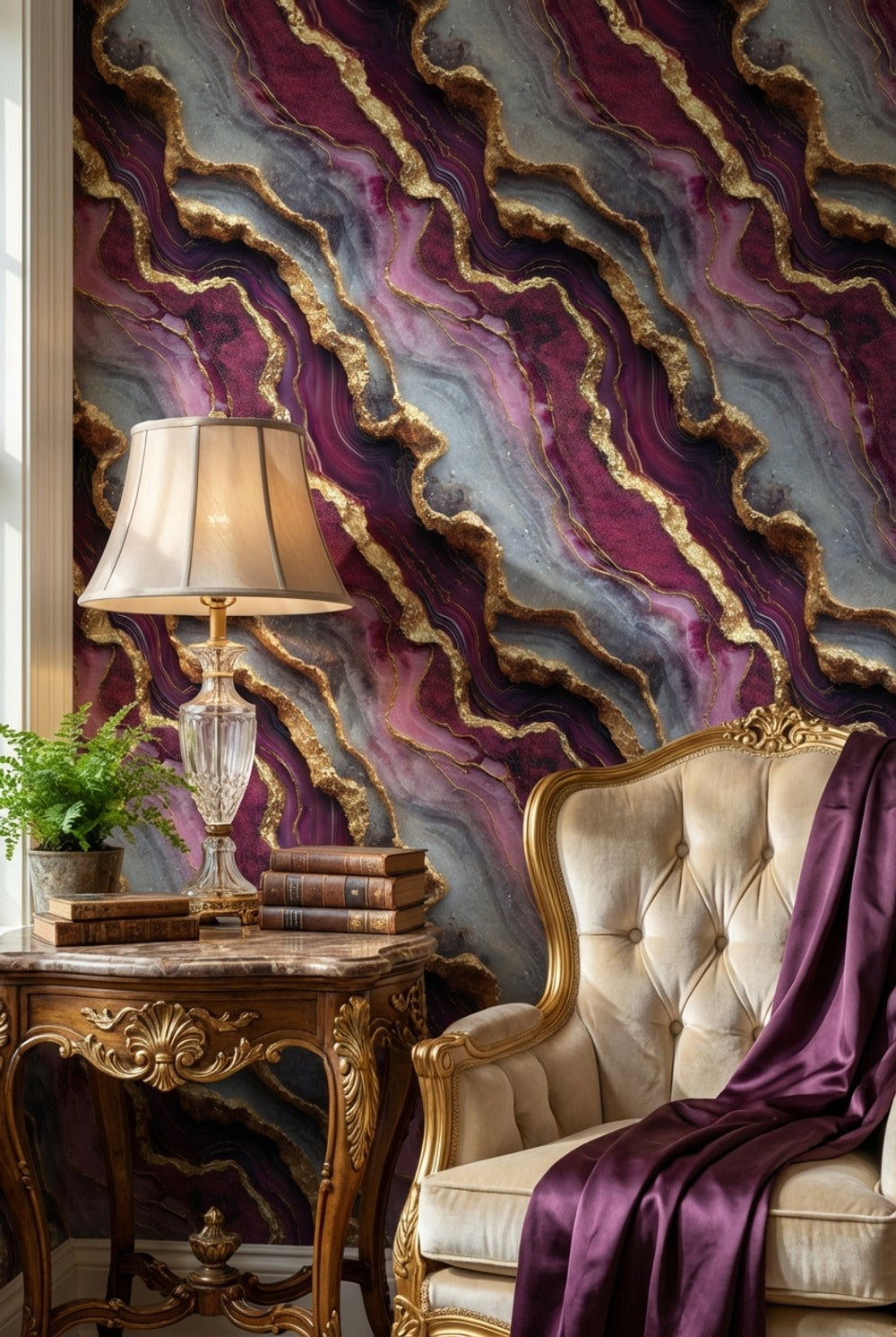 Marble Wallpaper Purple Golden Look Removable Wall Decor