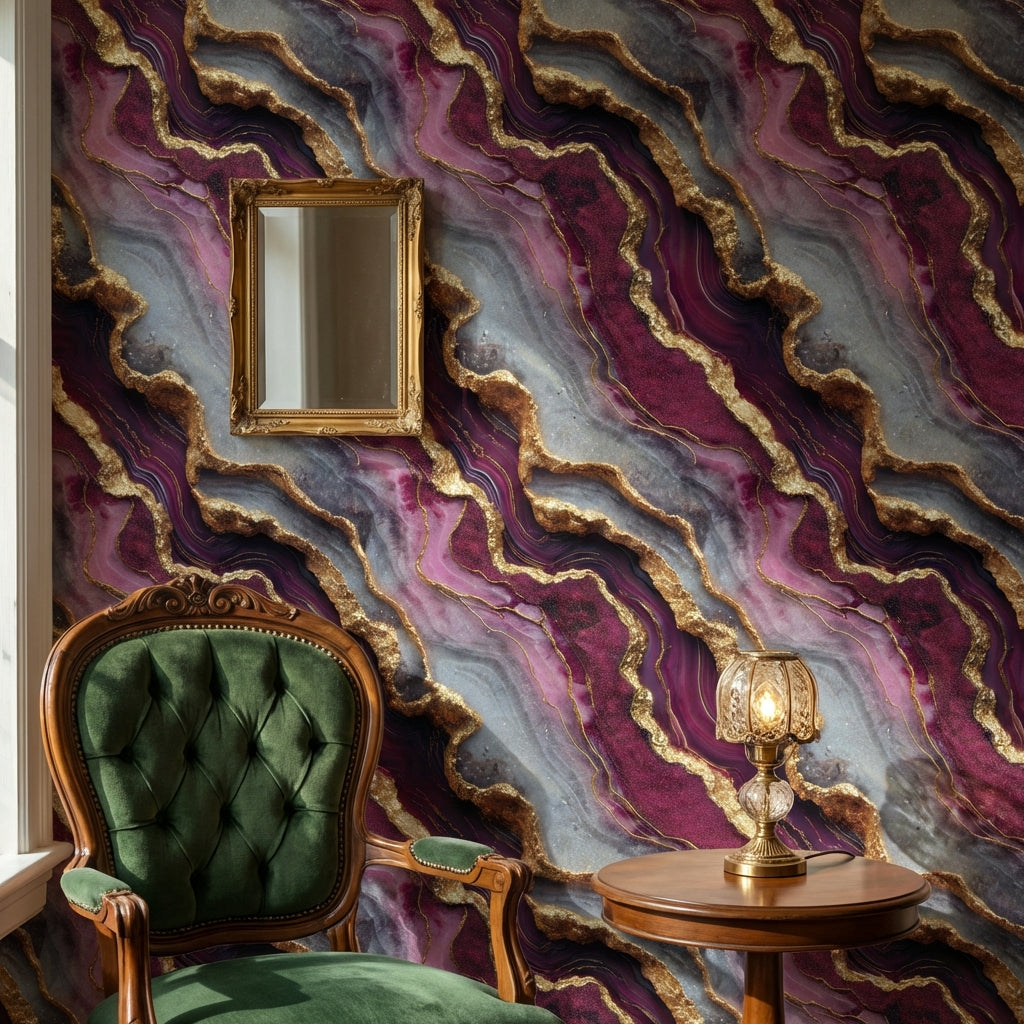Marble Wallpaper Purple Golden Look Removable Wall Decor