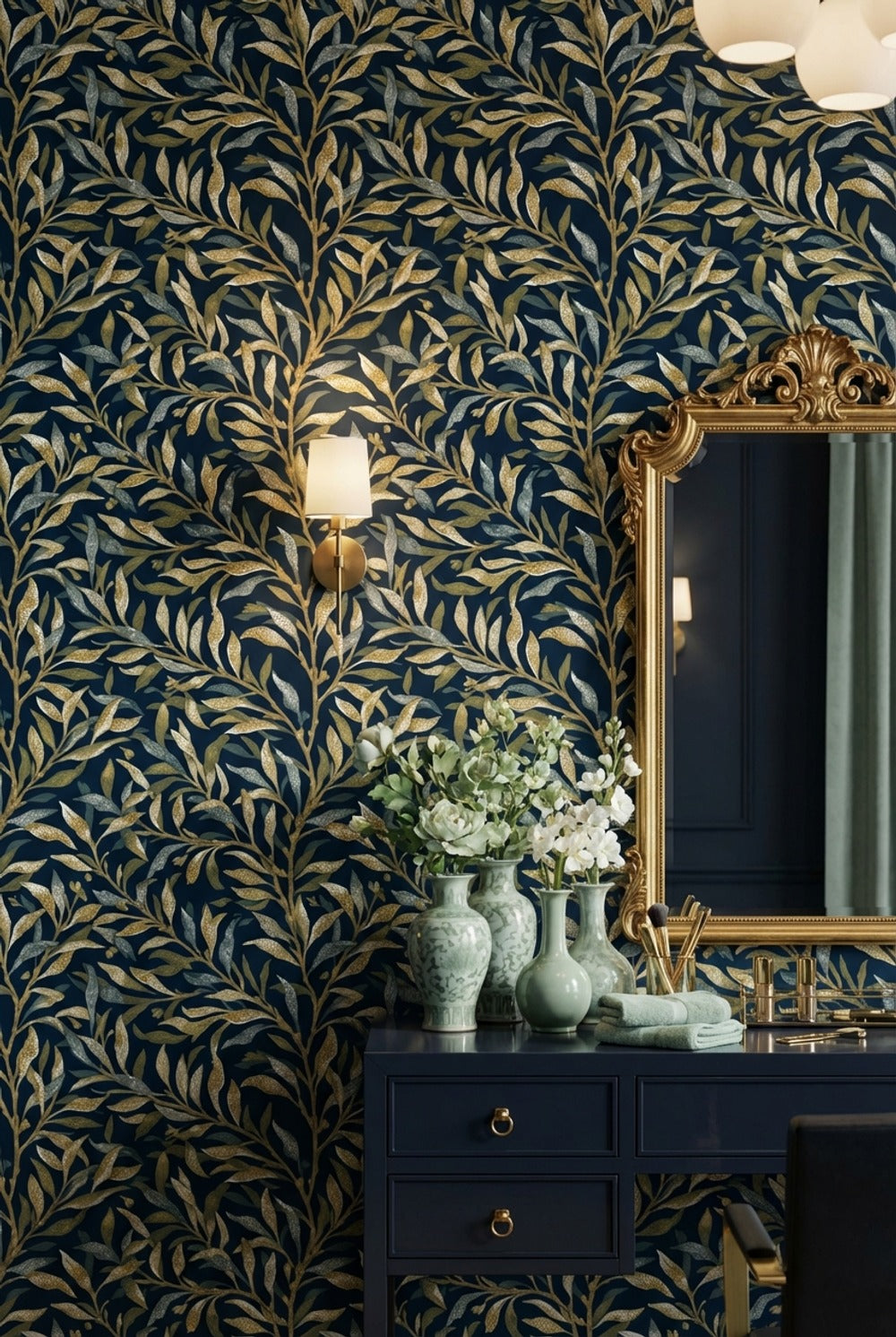 Navy Leaves Wallpaper Golden Look Removable Floral Wall Mural