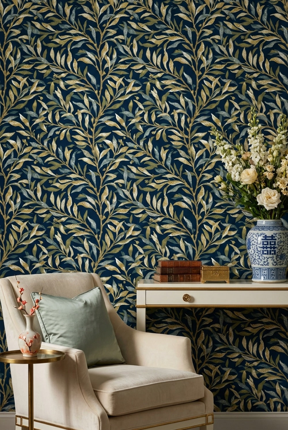 Navy Leaves Wallpaper Golden Look Removable Floral Wall Mural