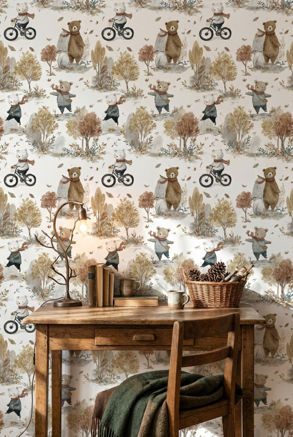 Whimsical Forest Wallpaper Bicycle Bear Decorative Mural