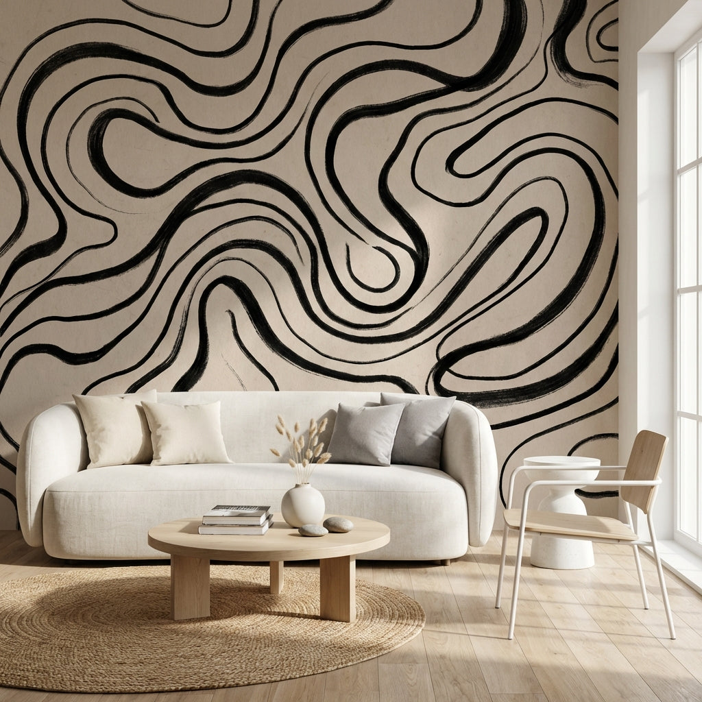Abstract Wallpaper Wavy Black Lines Wall Mural