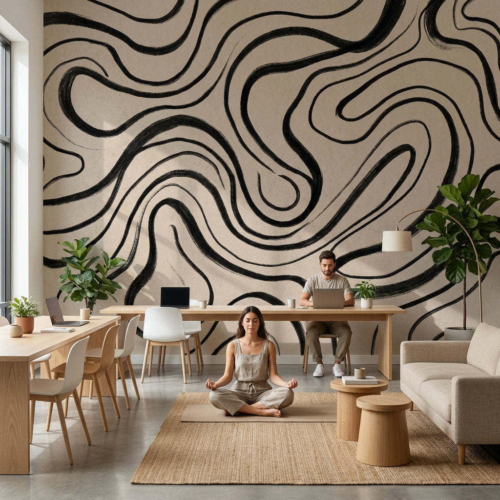 Abstract Wallpaper Wavy Black Lines Wall Mural