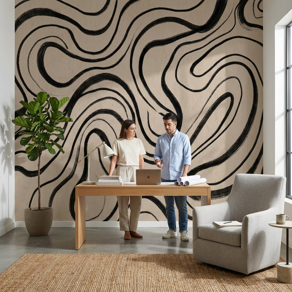 Abstract Wallpaper Wavy Black Lines Wall Mural