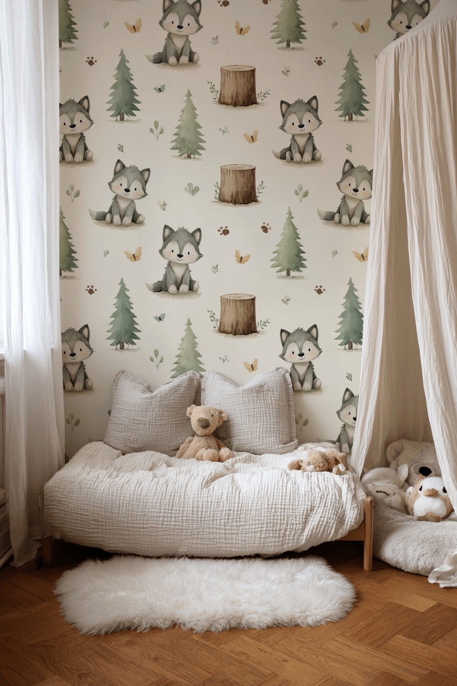 Whimsical Woodland Wallpaper Cartoon Removable Wolves Wall Decor
