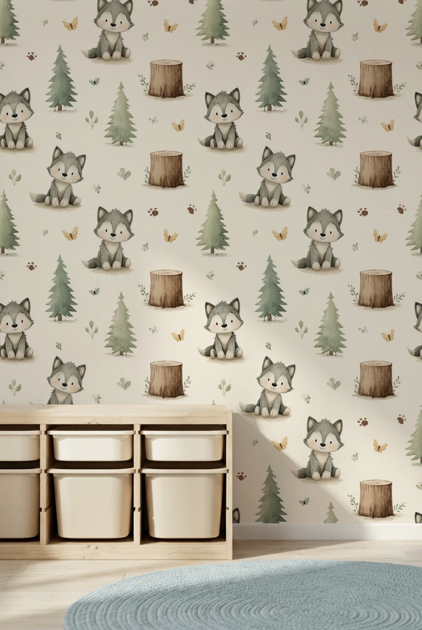 Whimsical Woodland Wallpaper Cartoon Removable Wolves Wall Decor