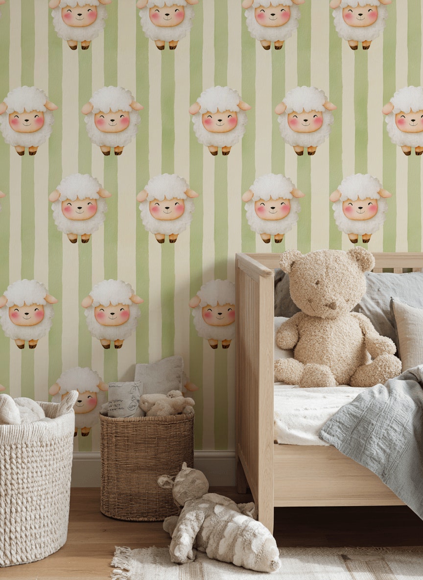 Sheep Wallpaper Striped Whimsical Removable Wall Decor