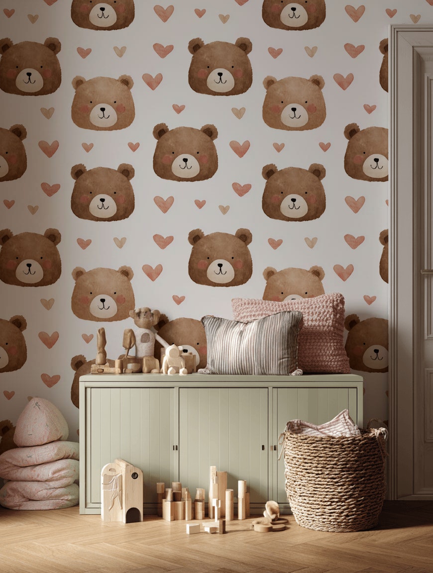 Cute Bears Wallpaper Hearts Watercolor Decorative Mural