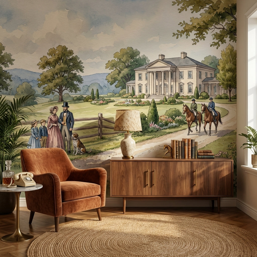 Pastoral Landscape Wallpaper Vintage Mansion Wall Mural