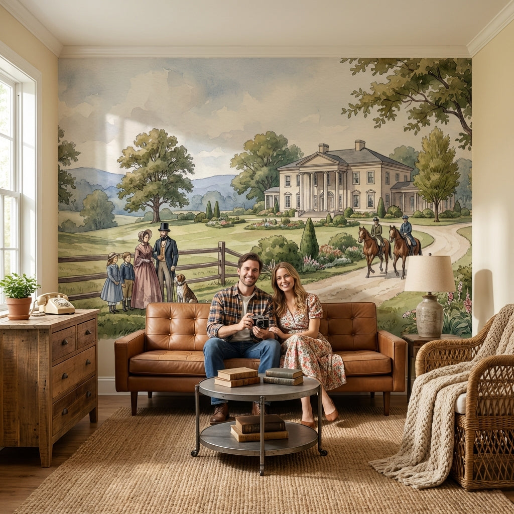Pastoral Landscape Wallpaper Vintage Mansion Wall Mural