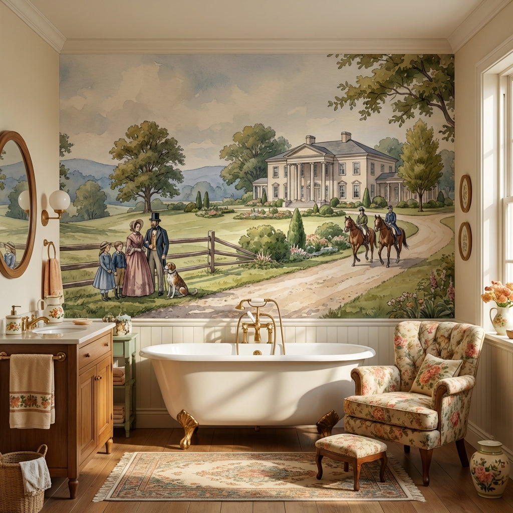 Pastoral Landscape Wallpaper Vintage Mansion Wall Mural