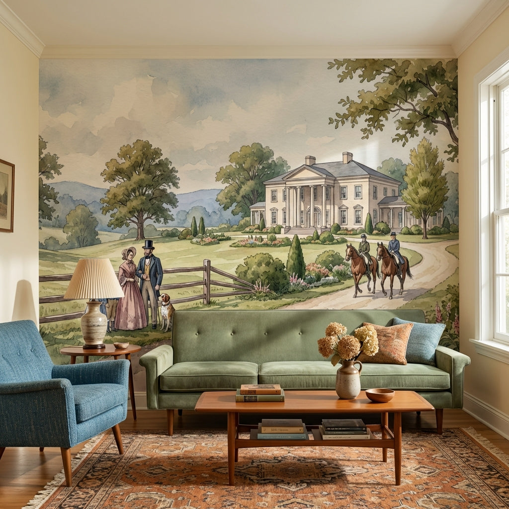 Pastoral Landscape Wallpaper Vintage Mansion Wall Mural