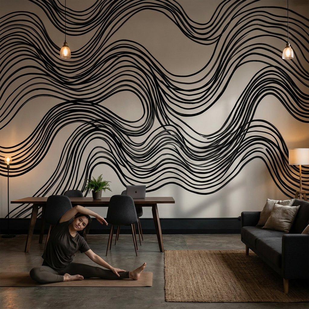 Wave Pattern Wallpaper Black Lines Minimalist Wall Mural