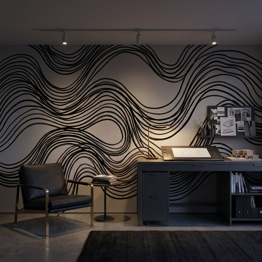 Wave Pattern Wallpaper Black Lines Minimalist Wall Mural