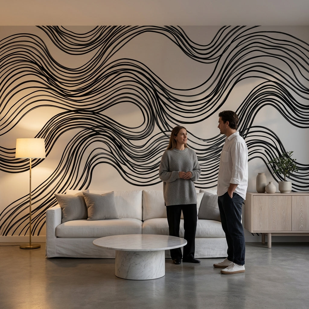Wave Pattern Wallpaper Black Lines Minimalist Wall Mural