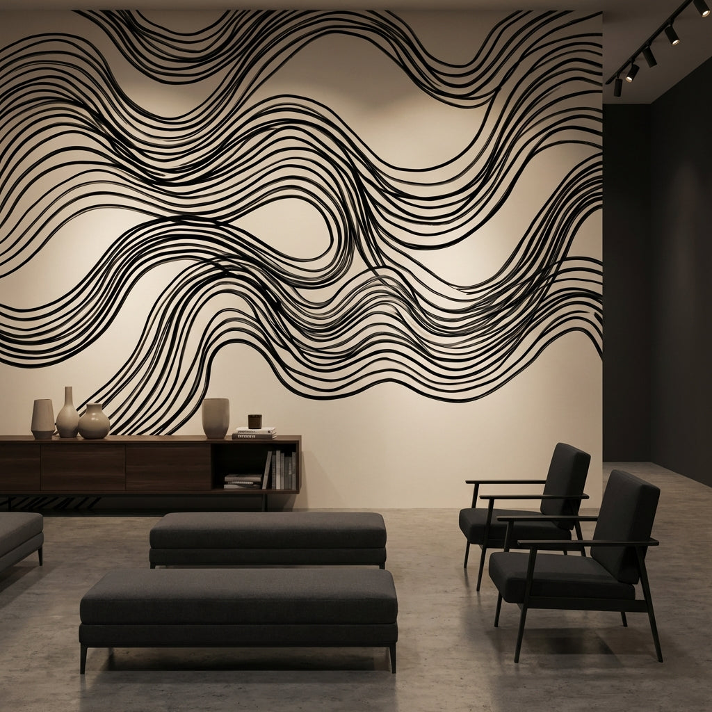 Wave Pattern Wallpaper Black Lines Minimalist Wall Mural