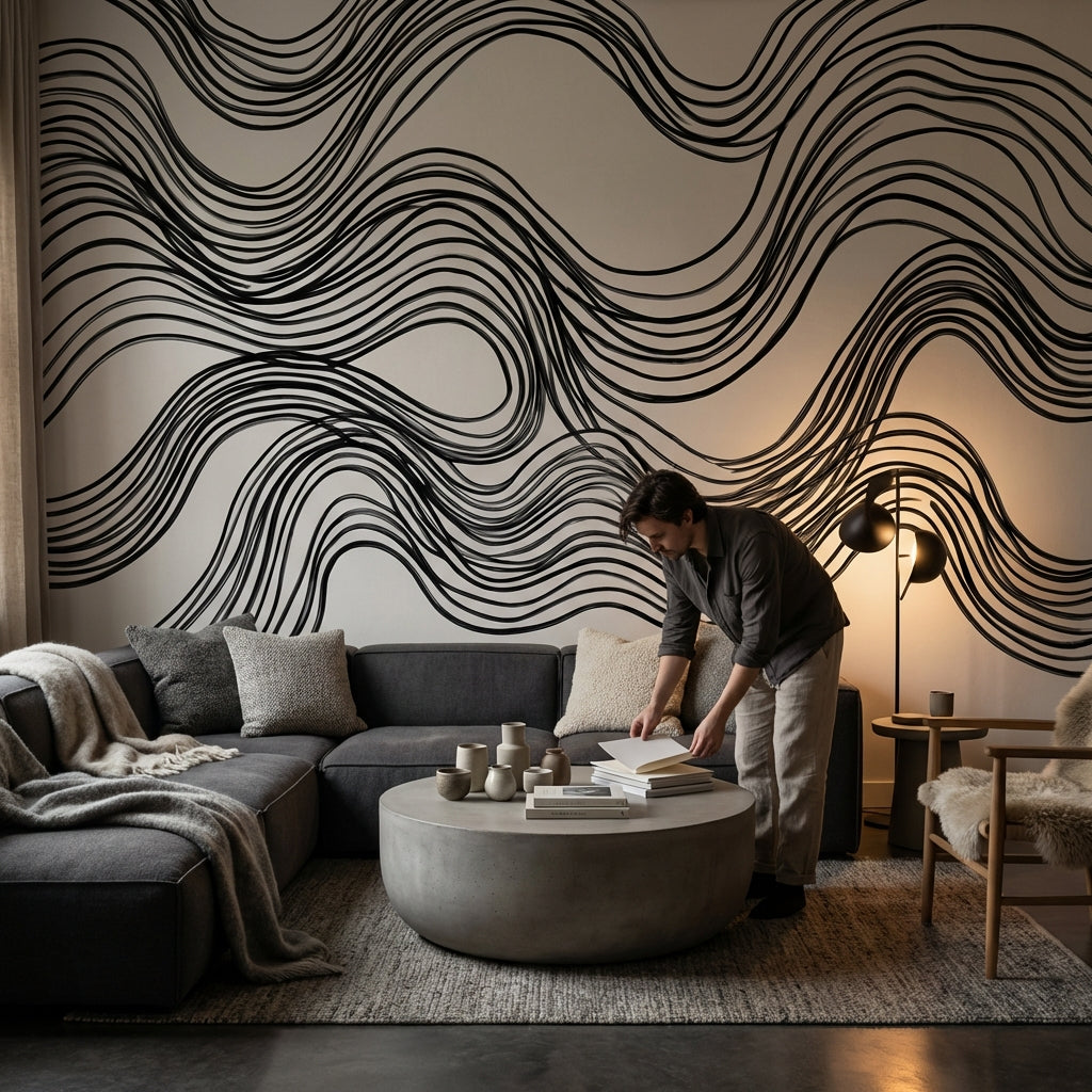 Wave Pattern Wallpaper Black Lines Minimalist Wall Mural