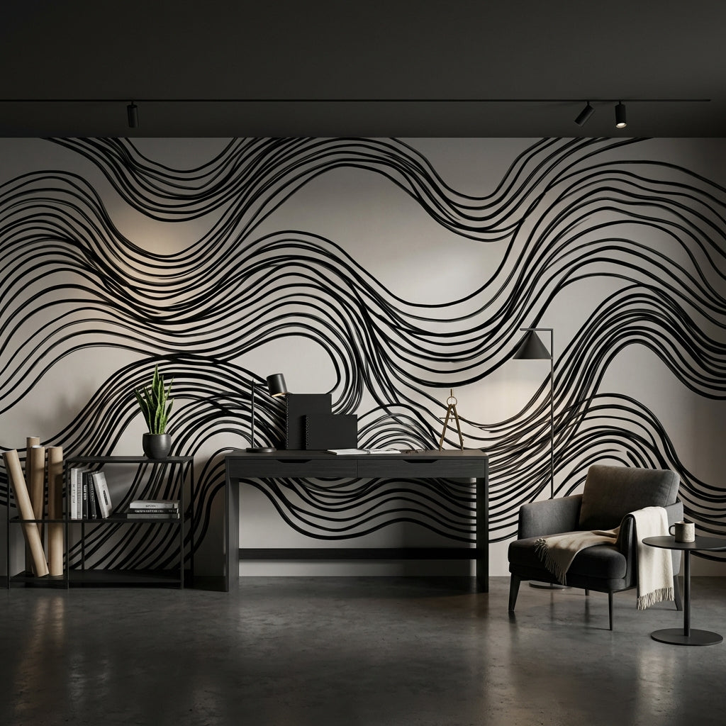 Wave Pattern Wallpaper Black Lines Minimalist Wall Mural