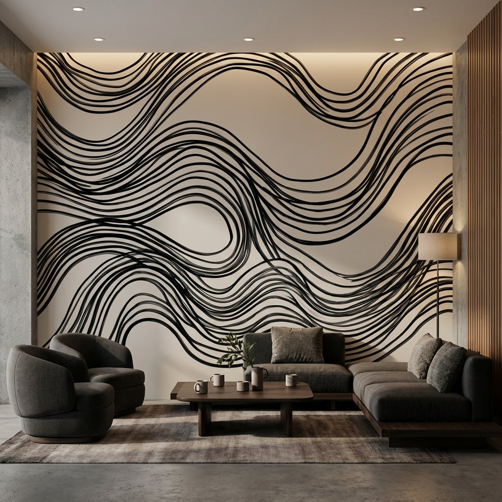 Wave Pattern Wallpaper Black Lines Minimalist Wall Mural
