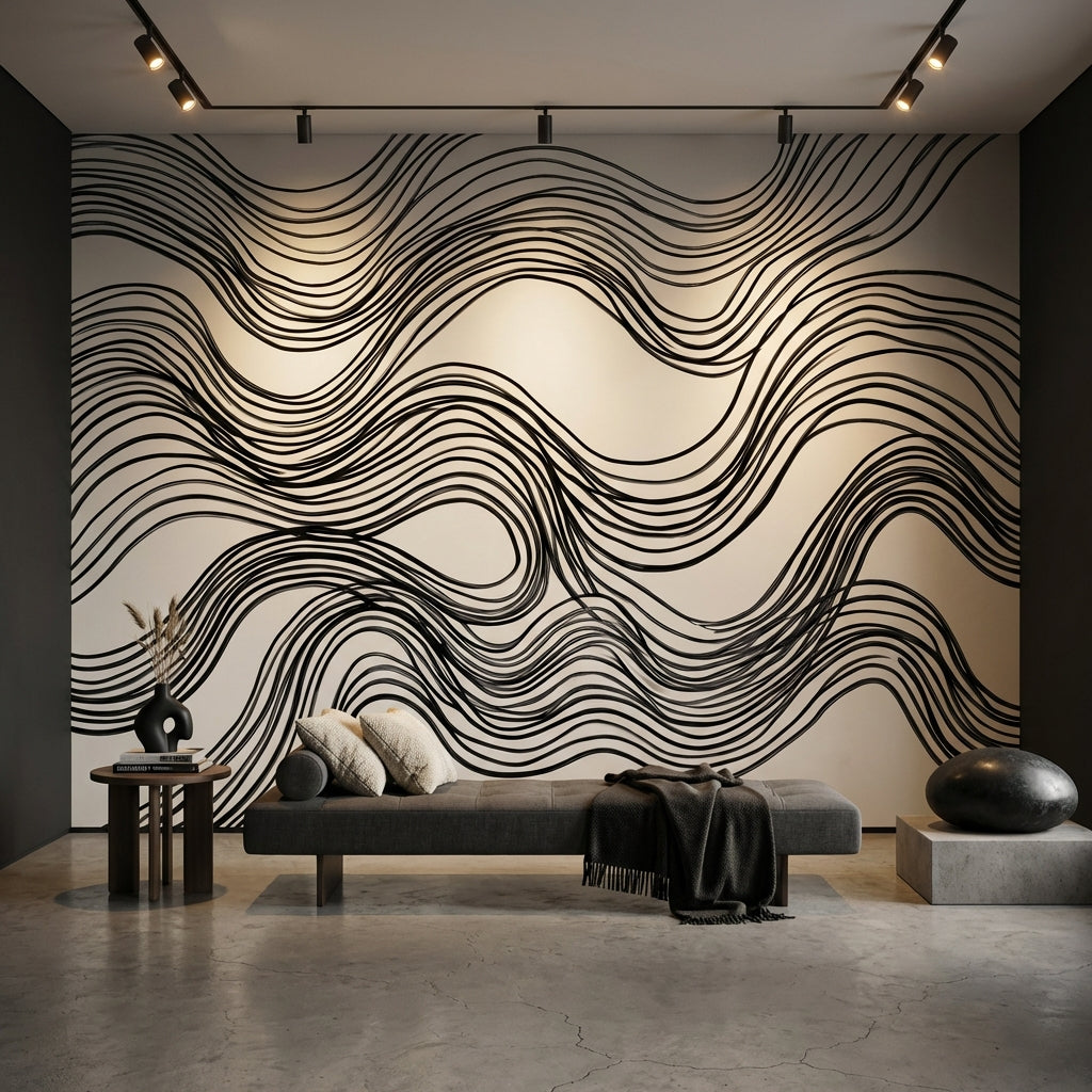 Wave Pattern Wallpaper Black Lines Minimalist Wall Mural