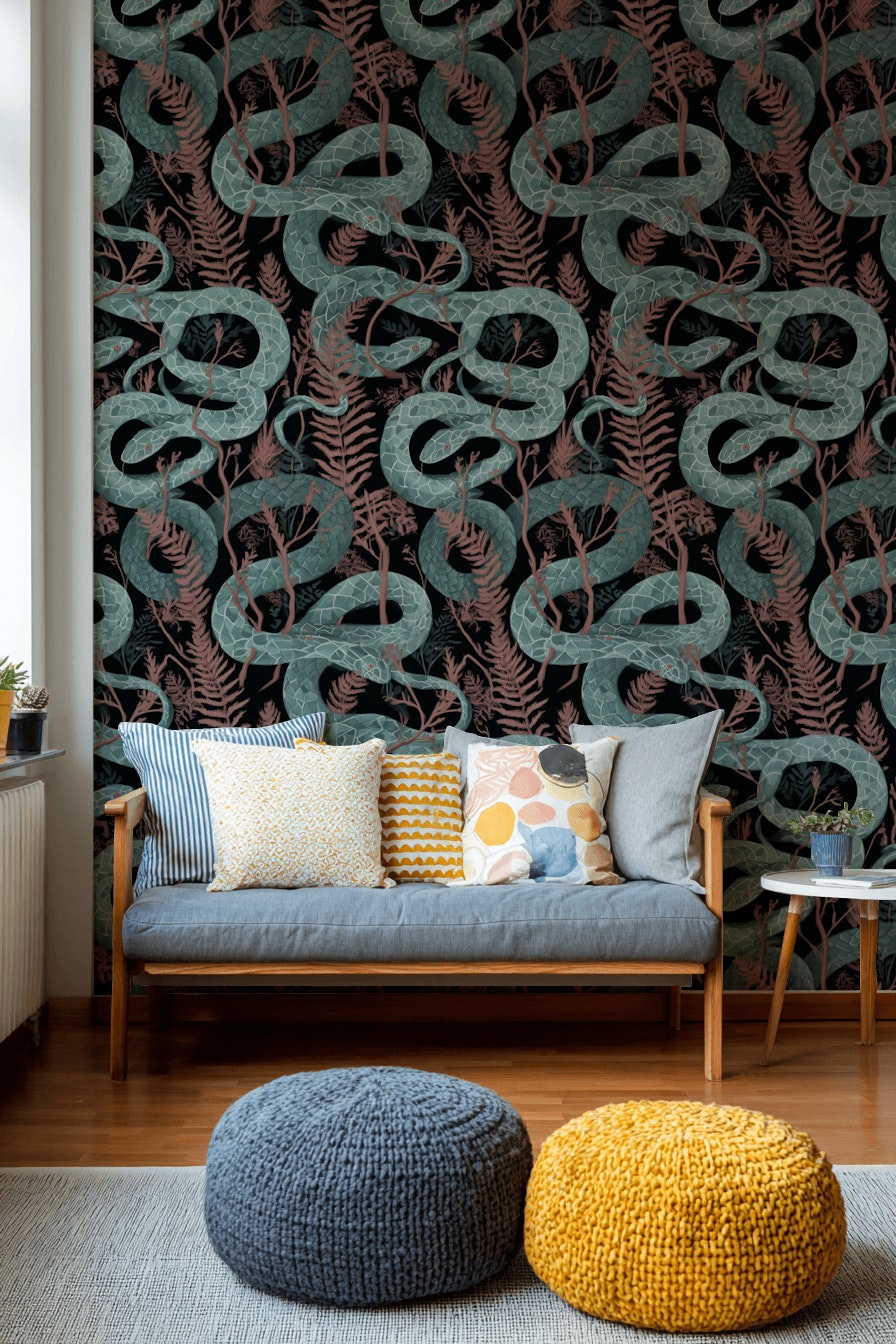 Snakes Wallpaper Ferns Dark Background Mural