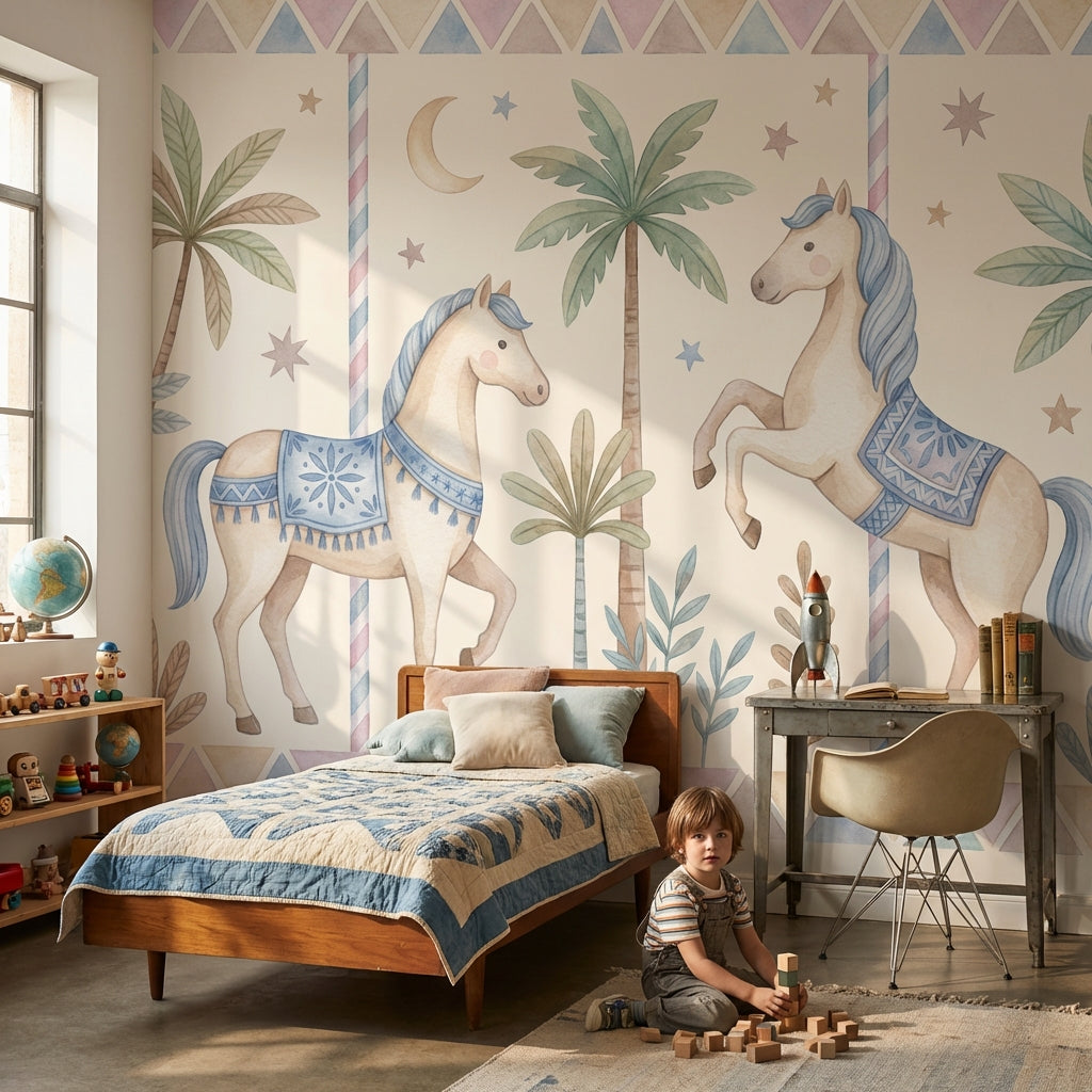 Whimsical Horses Wallpaper Geometric Pastel Wall Mural