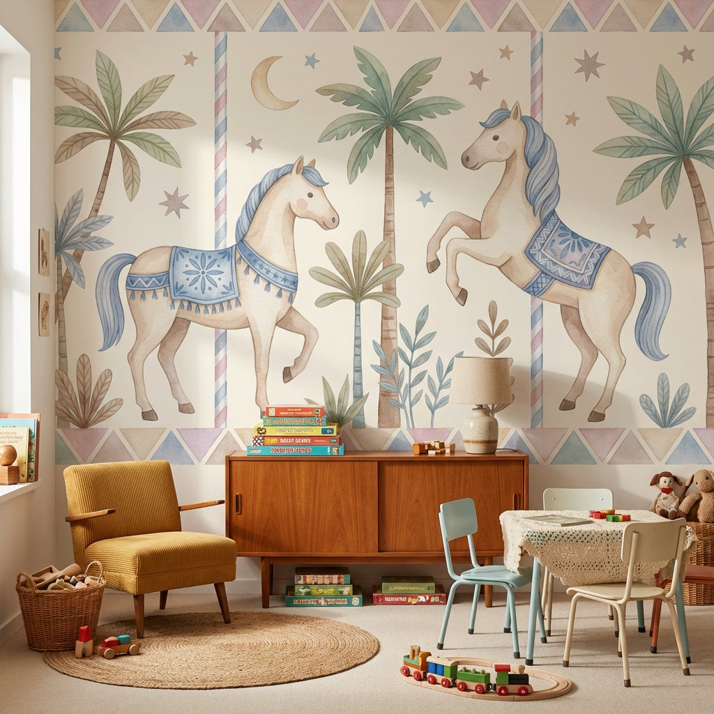 Whimsical Horses Wallpaper Geometric Pastel Wall Mural
