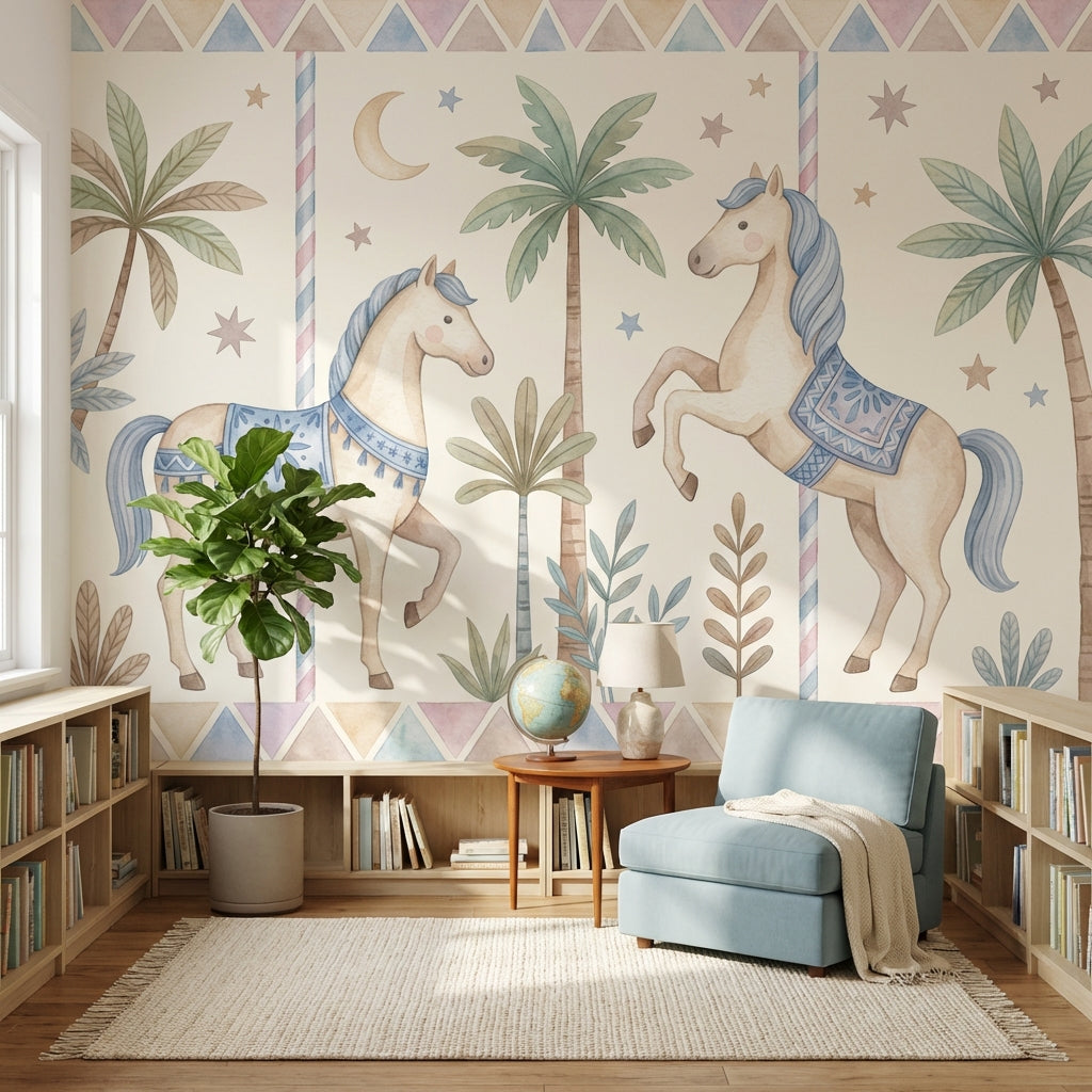 Whimsical Horses Wallpaper Geometric Pastel Wall Mural