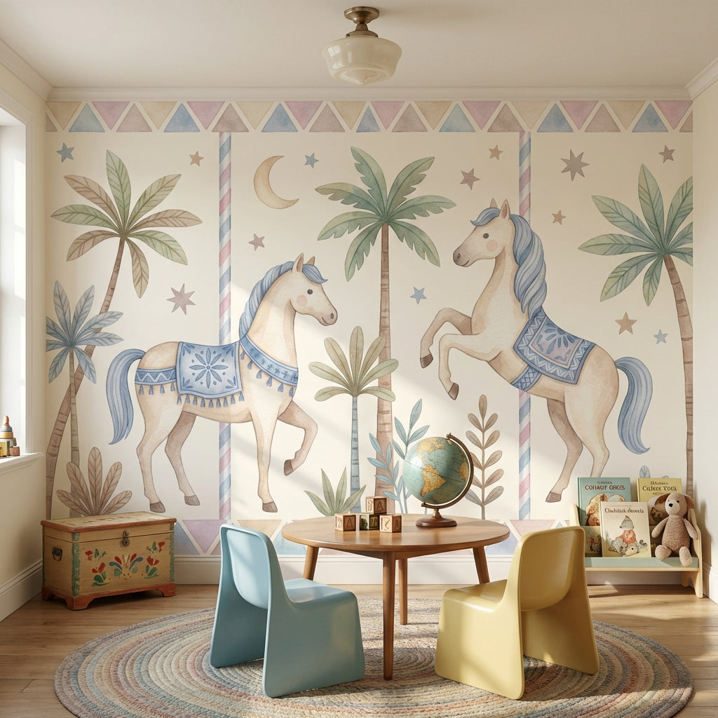Whimsical Horses Wallpaper Geometric Pastel Wall Mural