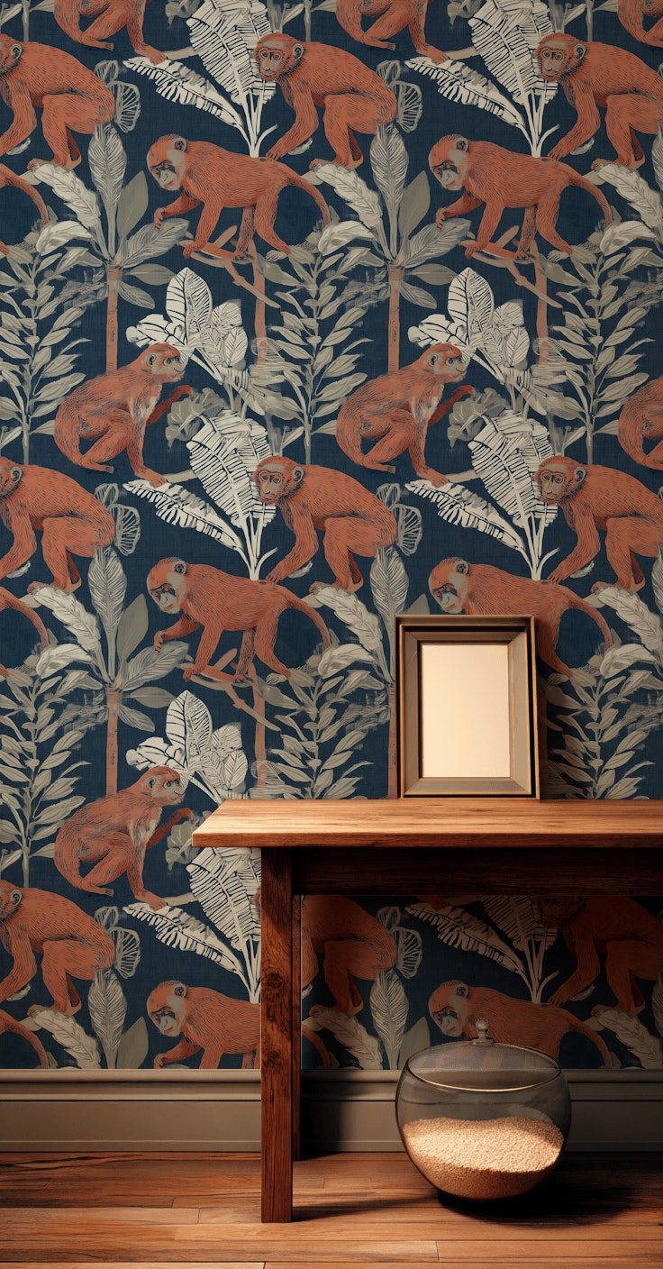 Monkeys Wallpaper Tropical Navy Decorative Mural