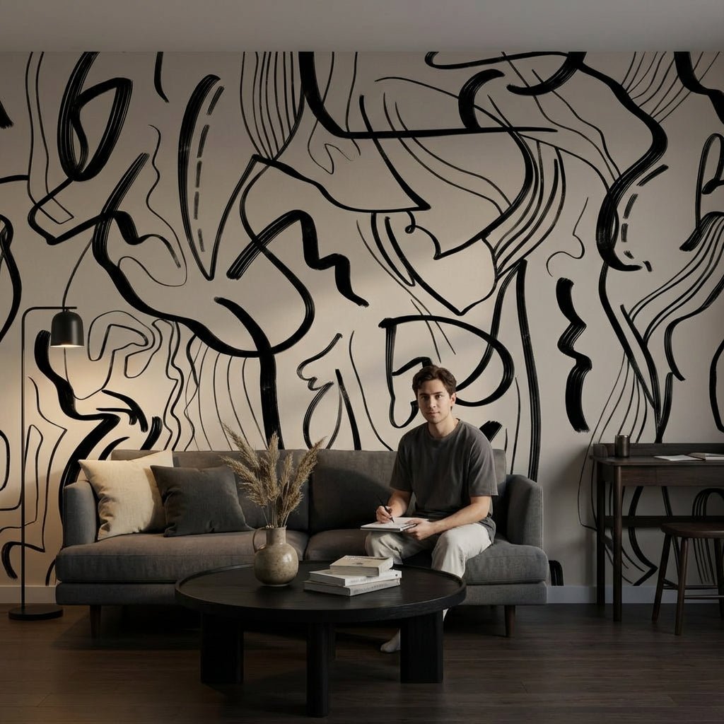 Abstract Wallpaper Black Lines Beige Removable Wall Decor