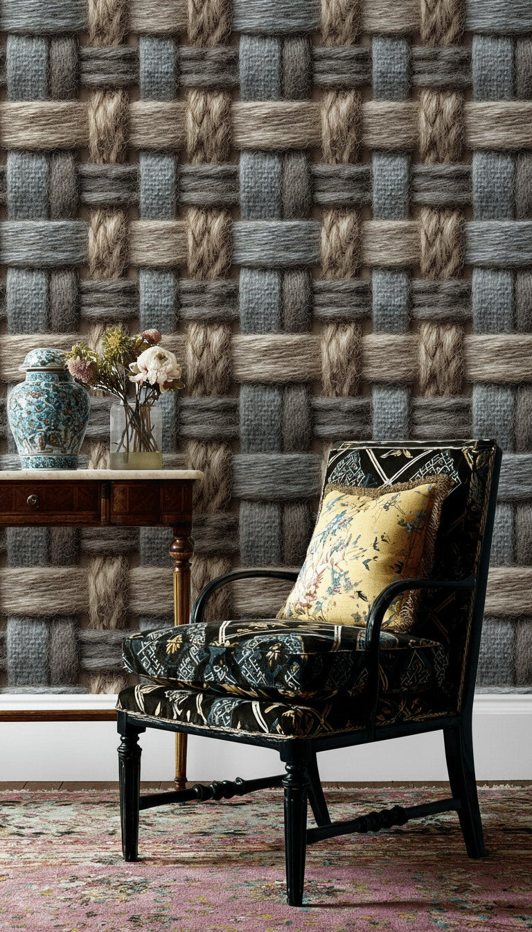 Woven Texture Wallpaper Geometric Removable Beige Wall Double Roll