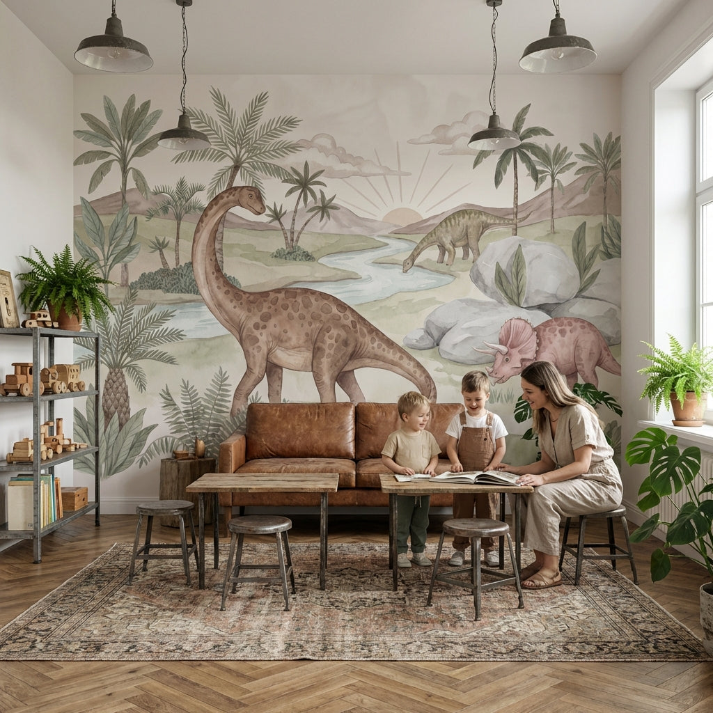 Prehistoric Dinosaurs Wallpaper Nature Watercolor Wall Mural